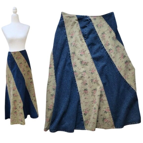 Vintage Women's Denim Skirt High Waisted Jean Long Floral CottageCore Plus TALL - Picture 1 of 7